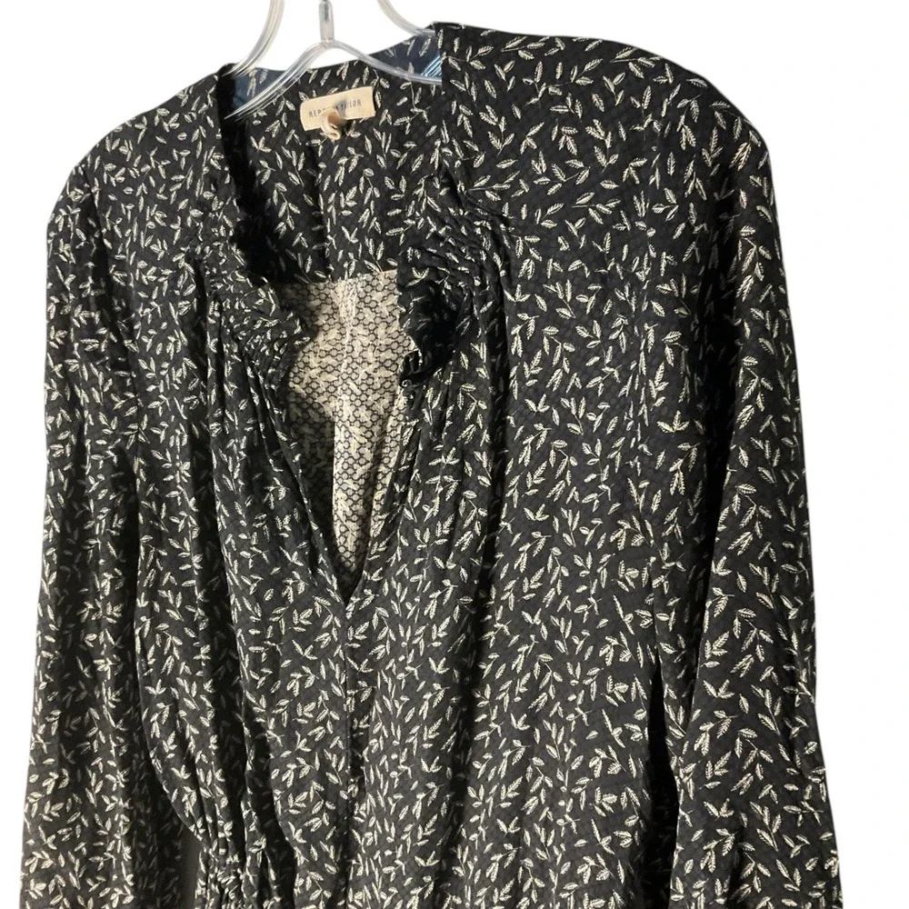 Rebecca Taylor Silk Tiered Mini Dress Black White Leaf Feminine‎ Print Size 6